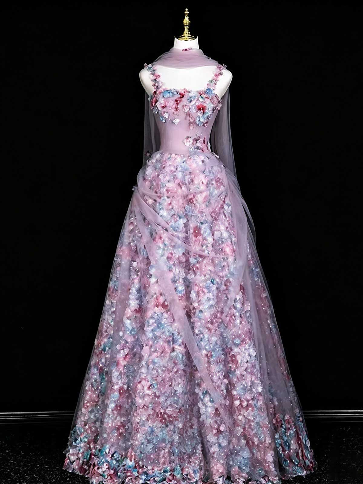 Multicolor 3D Floral Embroidered Spaghetti Strap A-Line Gown