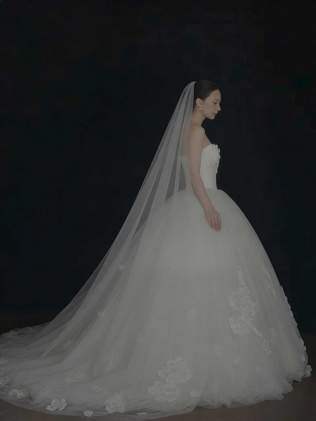 White Lace Strapless A-Line Wedding Dress with Cathedral Veil & Train
