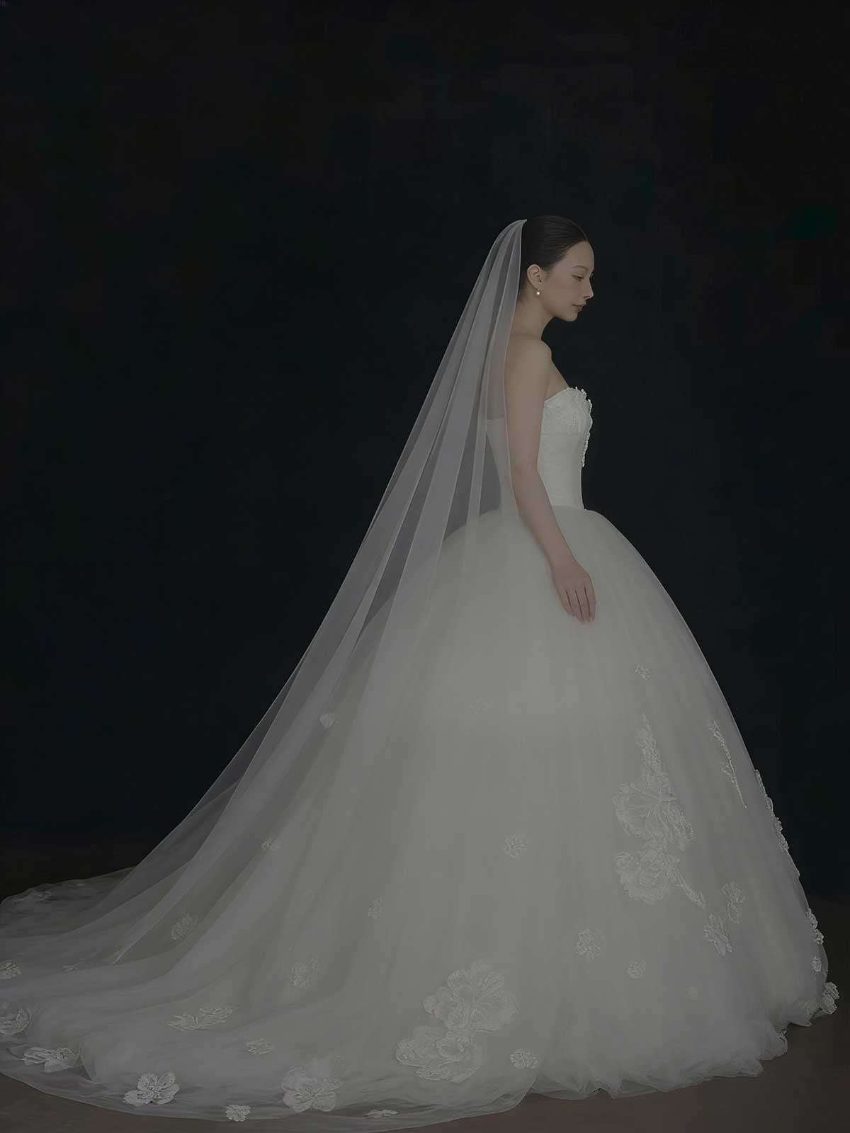 White Lace Strapless A-Line Wedding Dress with Cathedral Veil & Train