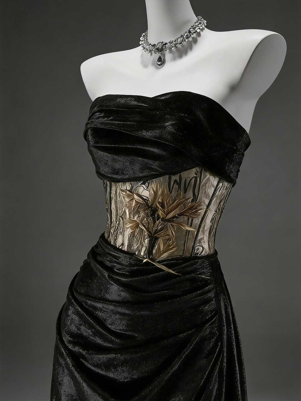 Black Gold Colorblock Velvet Strapless Mermaid Evening Gown