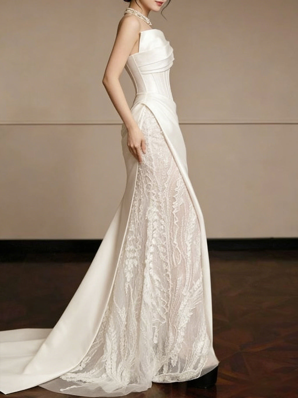 Luxury White Satin Strapless Corset Gown with Side Slit