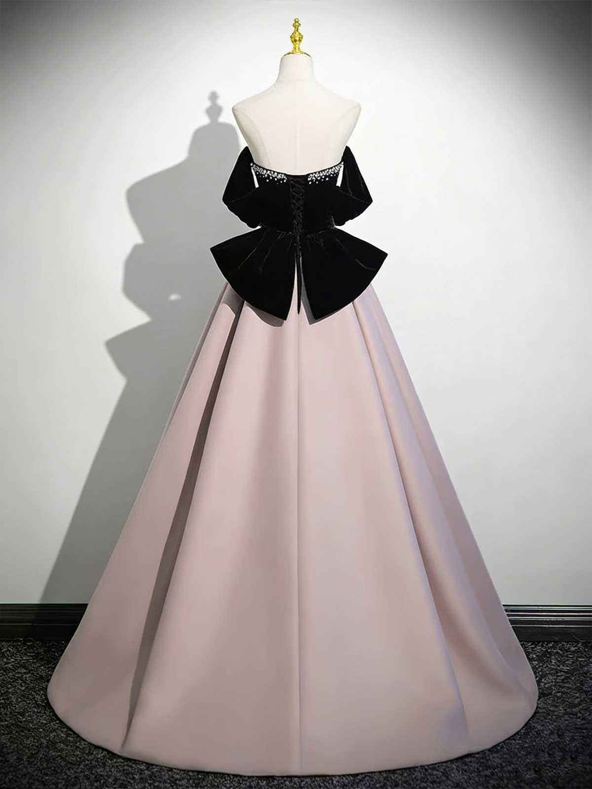 Black Velvet & Blush Off-Shoulder Ball Gown with Beading