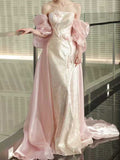 Romantic Blush Pink Off-Shoulder Mermaid Evening Gown with Train