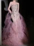 Blush Satin Strapless Butterfly Print Evening Gown
