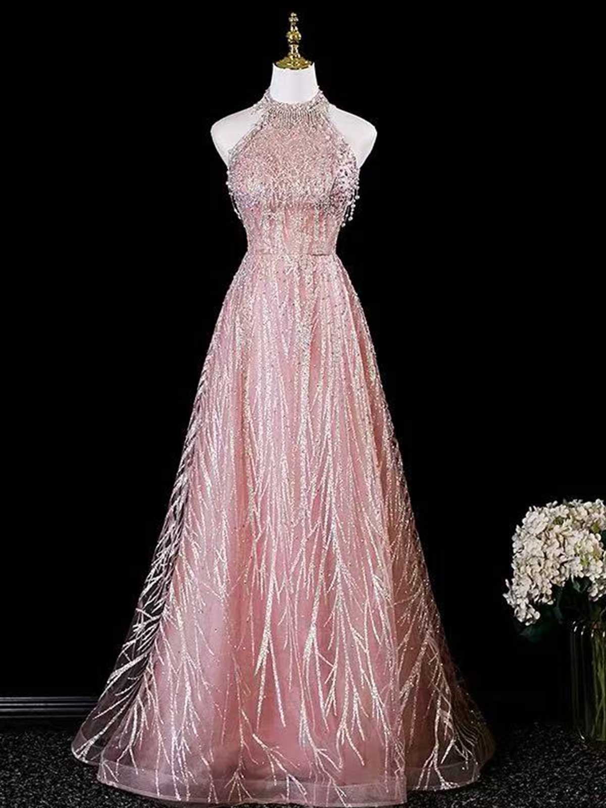 Blush Pink Halter Neck Sequin Evening Gown with Branch Pattern