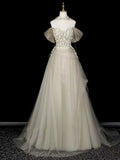 Ivory 3D Floral Off-the-Shoulder Tulle A-Line Wedding Dress with Neckpiece