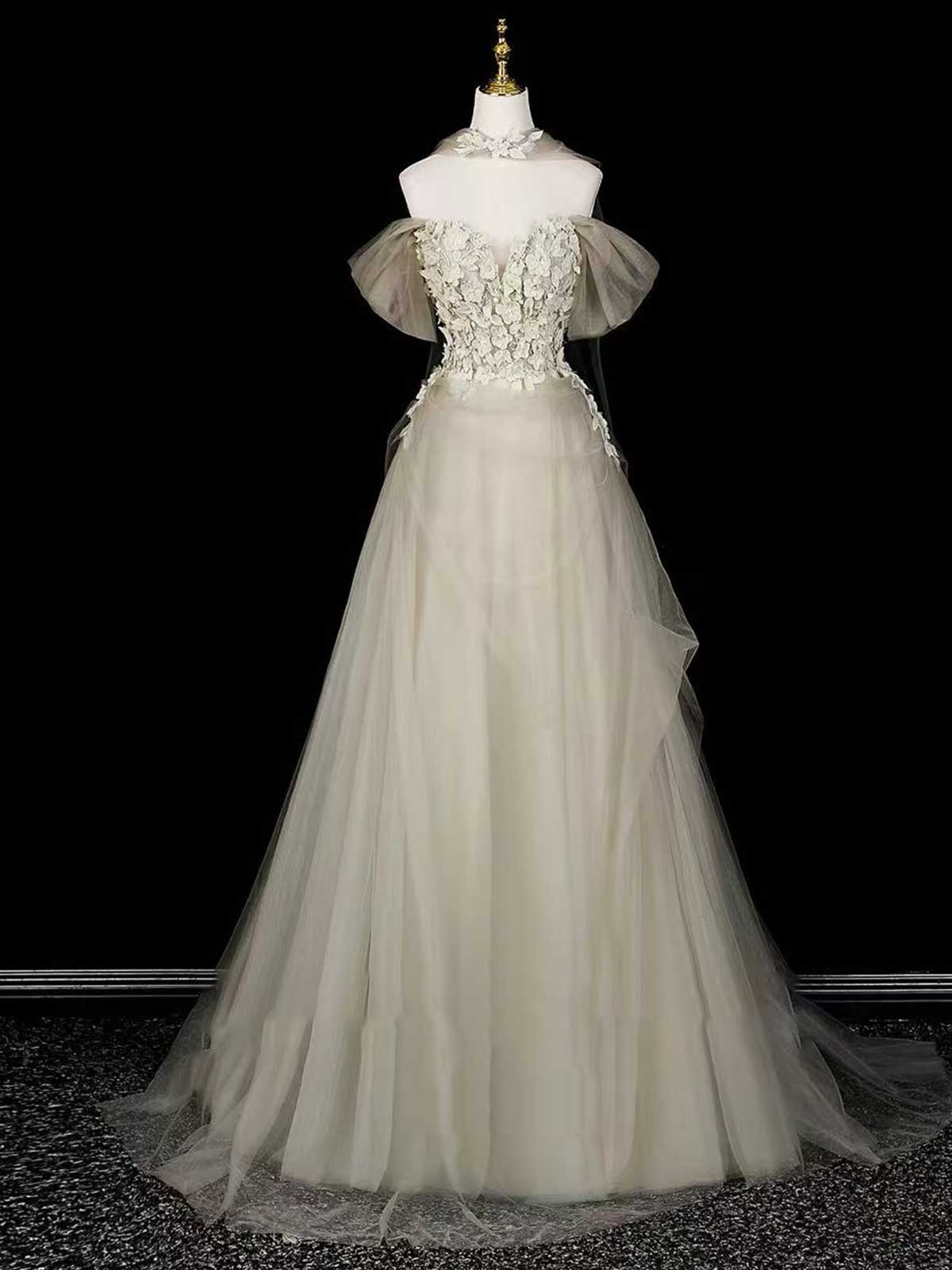 Ivory 3D Floral Off-the-Shoulder Tulle A-Line Wedding Dress with Neckpiece