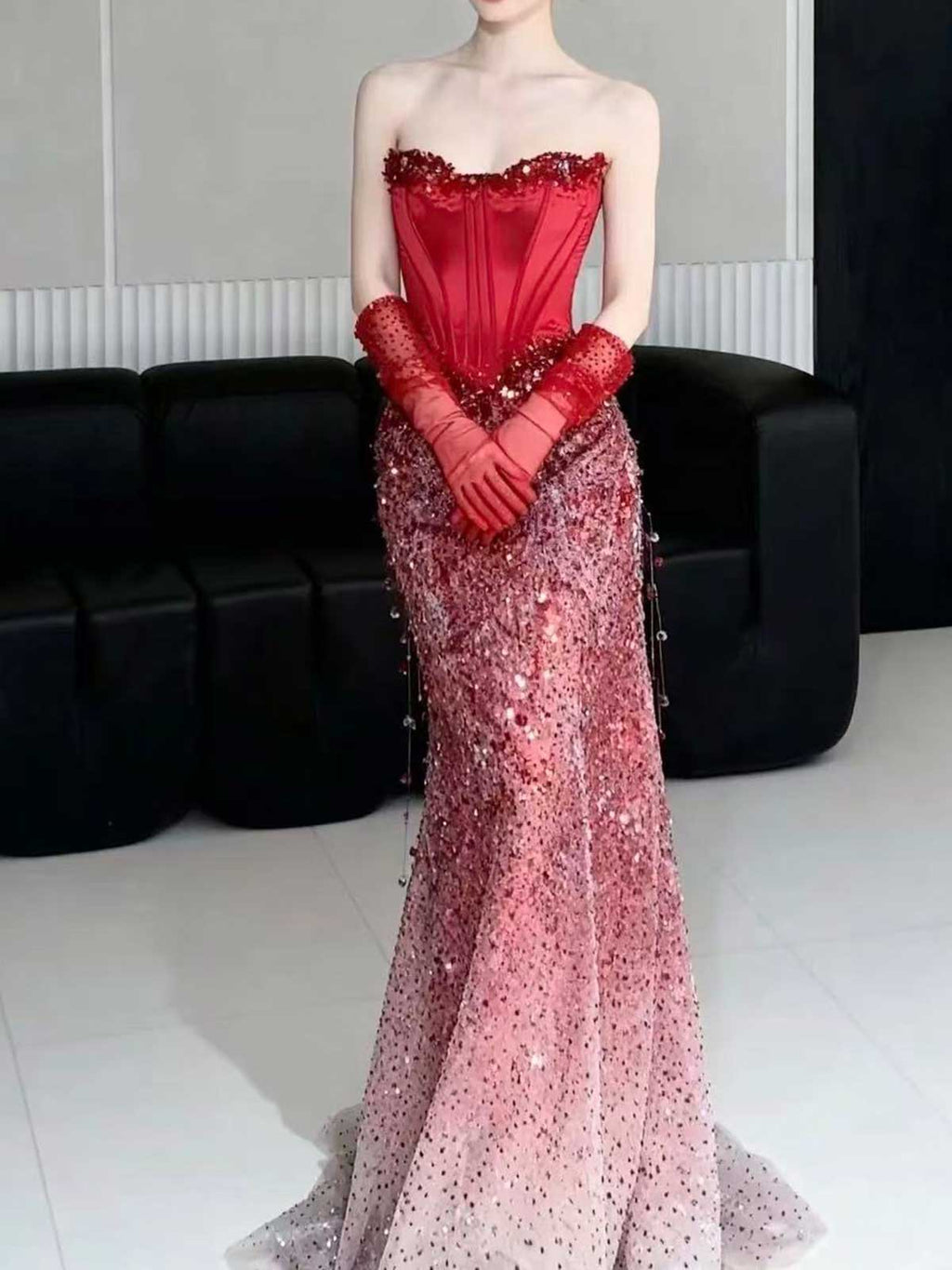 Red Satin Corset Gradient Sequin Strapless Mermaid Evening Gown with Gloves