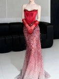 Red Satin Corset Gradient Sequin Strapless Mermaid Evening Gown with Gloves