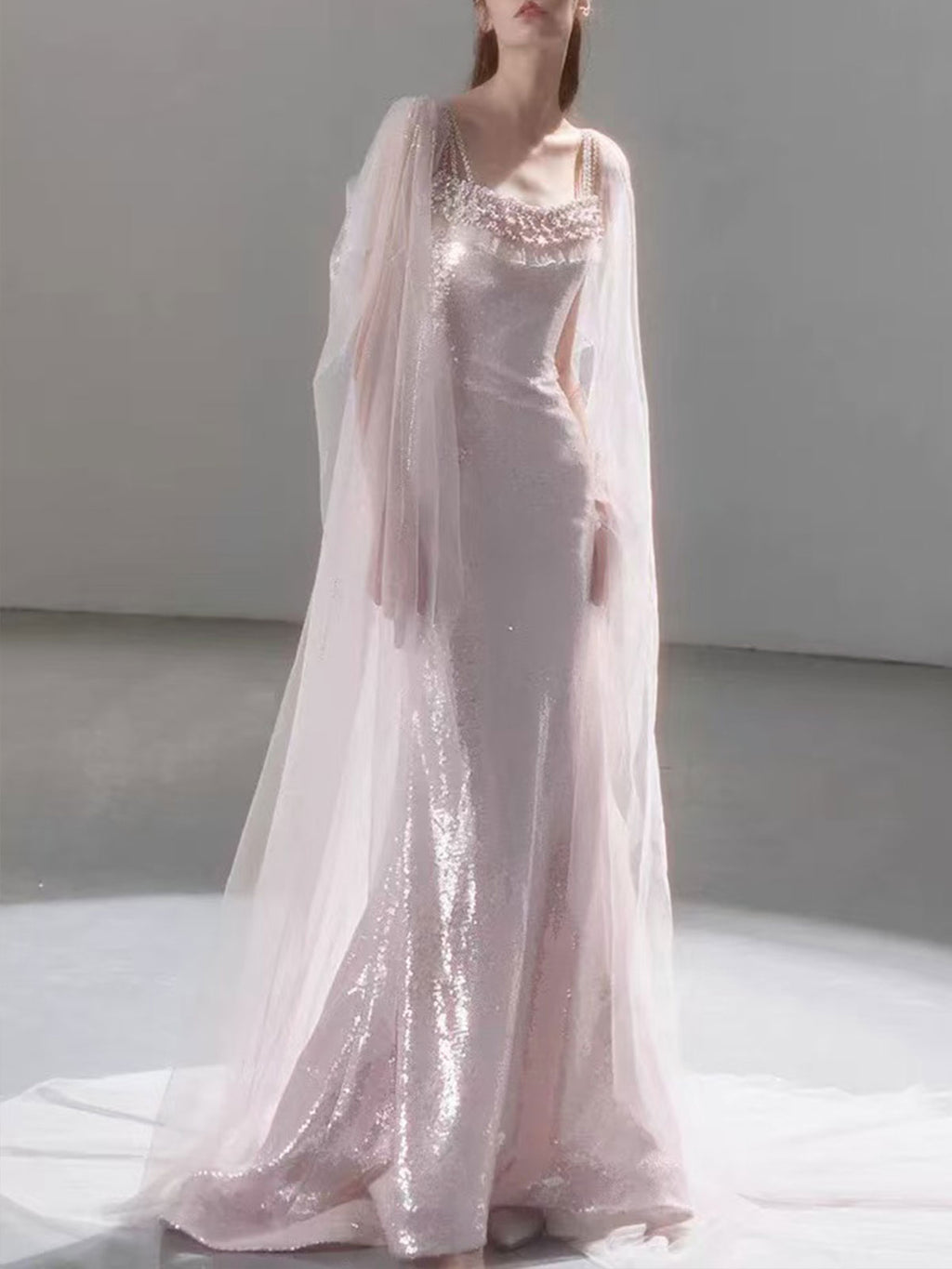 Blush Pink Square Neck Beaded Cape Sleeve Sequin Mermaid Evening Gown Wedding Dress