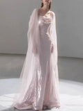 Blush Pink Square Neck Beaded Cape Sleeve Sequin Mermaid Evening Gown Wedding Dress