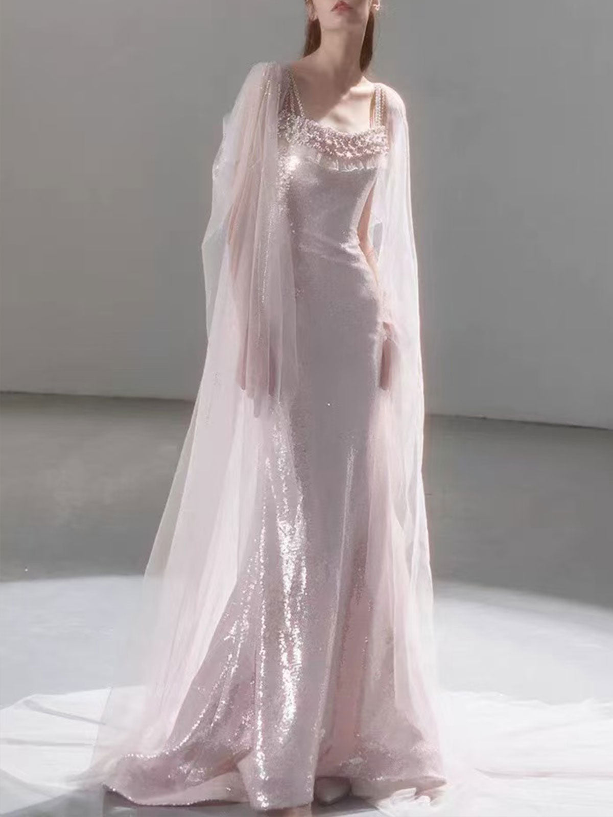 Blush Pink Square Neck Beaded Cape Sleeve Sequin Mermaid Evening Gown Wedding Dress