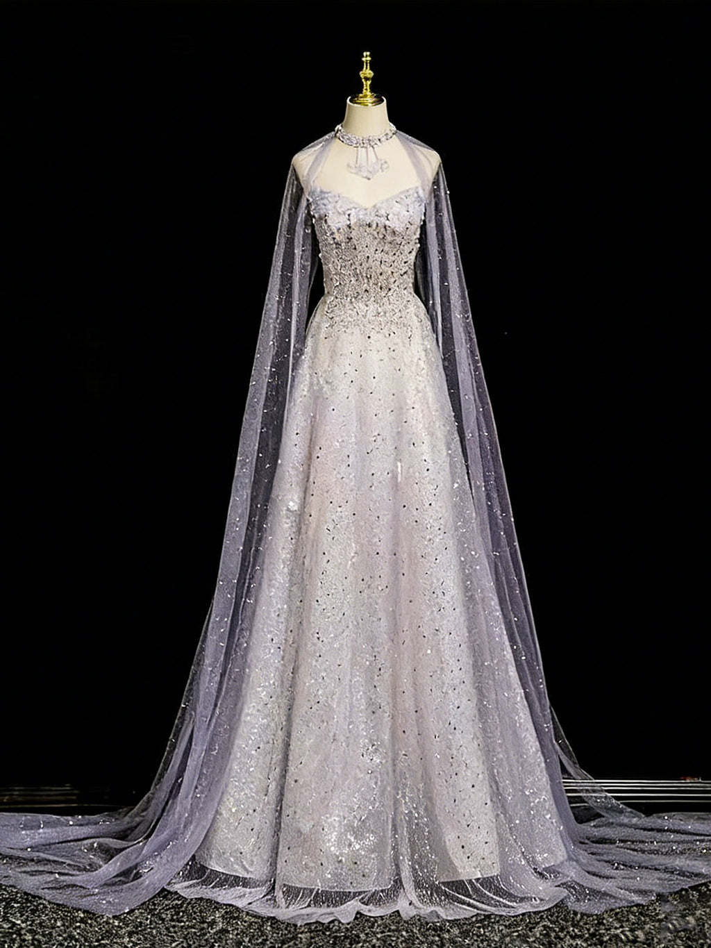 Lavender Gray Beaded Cape Sleeve Mermaid Evening Gown with Train