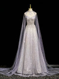Lavender Gray Beaded Cape Sleeve Mermaid Evening Gown with Train