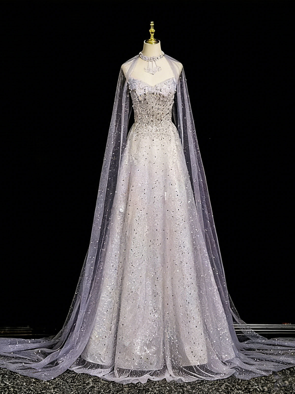Lavender Gray Beaded Cape Sleeve Mermaid Evening Gown with Train
