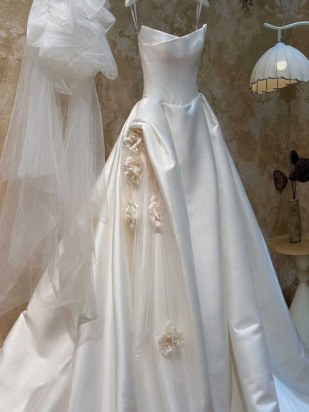 Satin Strapless Ball Gown with 3D Floral Appliqué & Sheer Tulle Accents