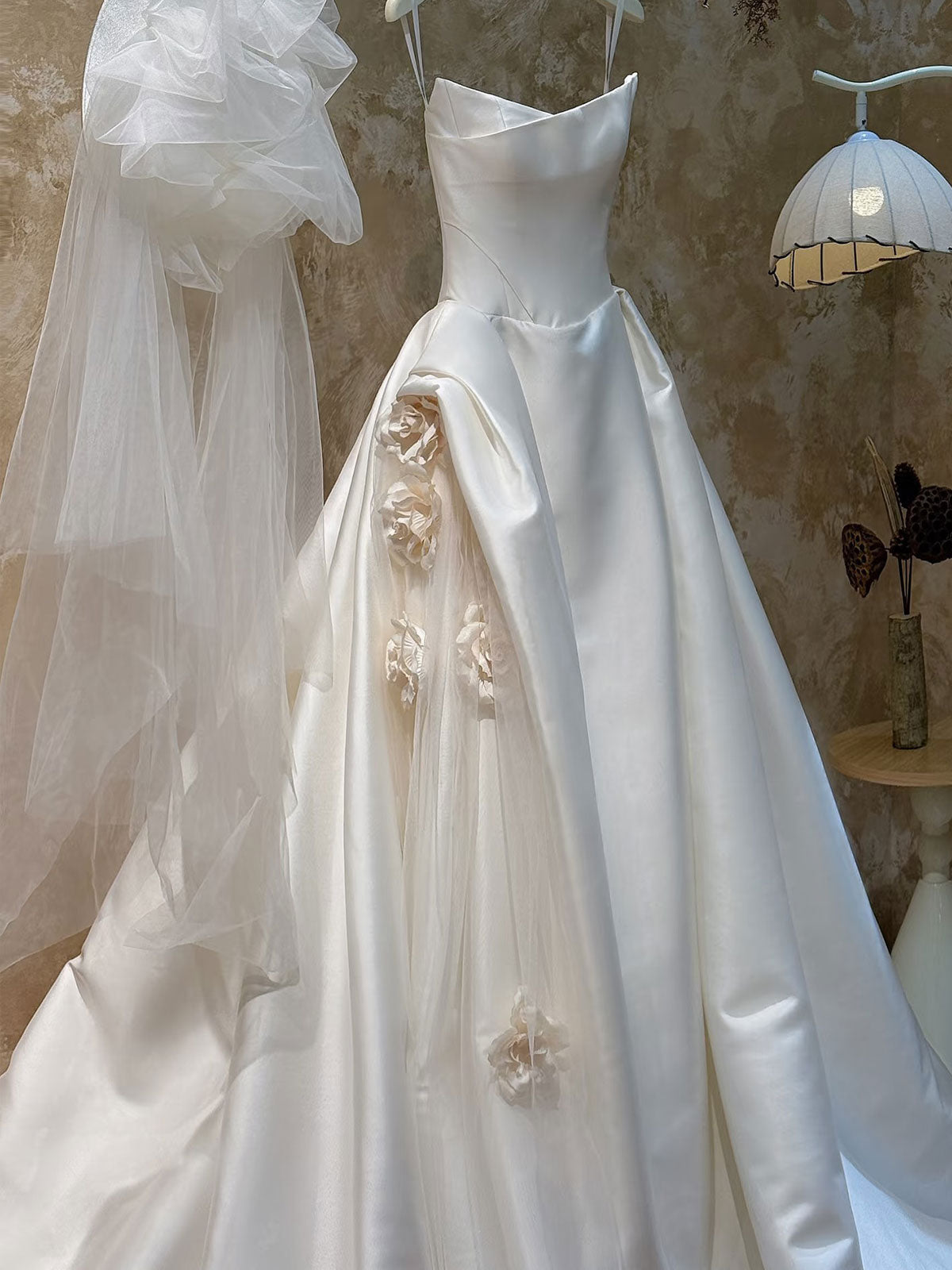 Satin Strapless Ball Gown with 3D Floral Appliqué & Sheer Tulle Accents