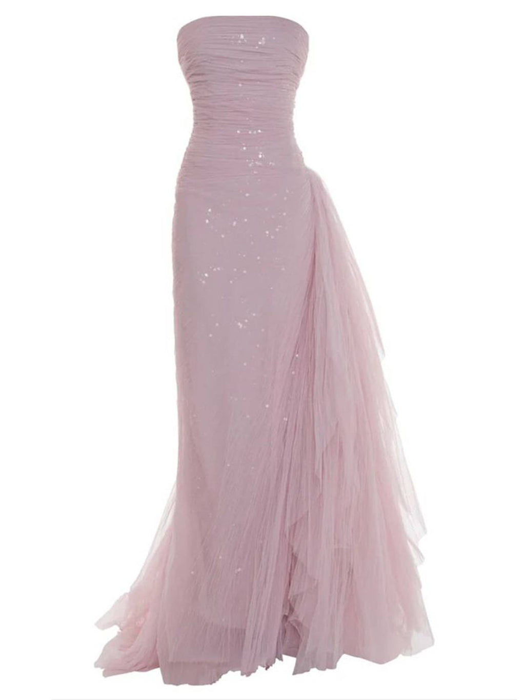 Blush Pink Strapless Ruched Tulle Gown with Asymmetrical Skirt