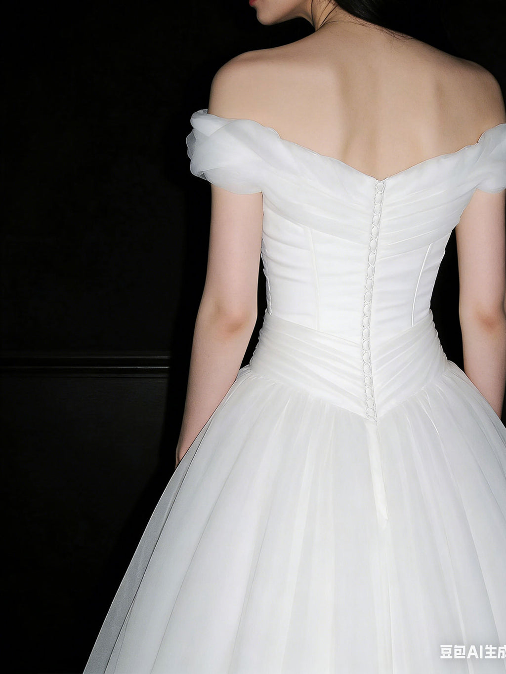 Elegant Off-the-Shoulder Pleated Tulle Ball Gown with Ruched Bodice