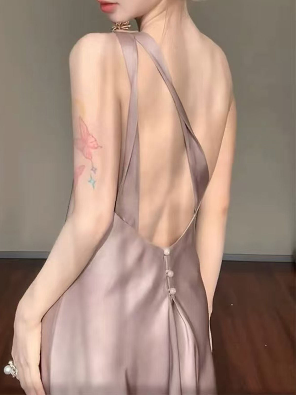 Gradient Taupe One-Shoulder Satin Maxi Dress