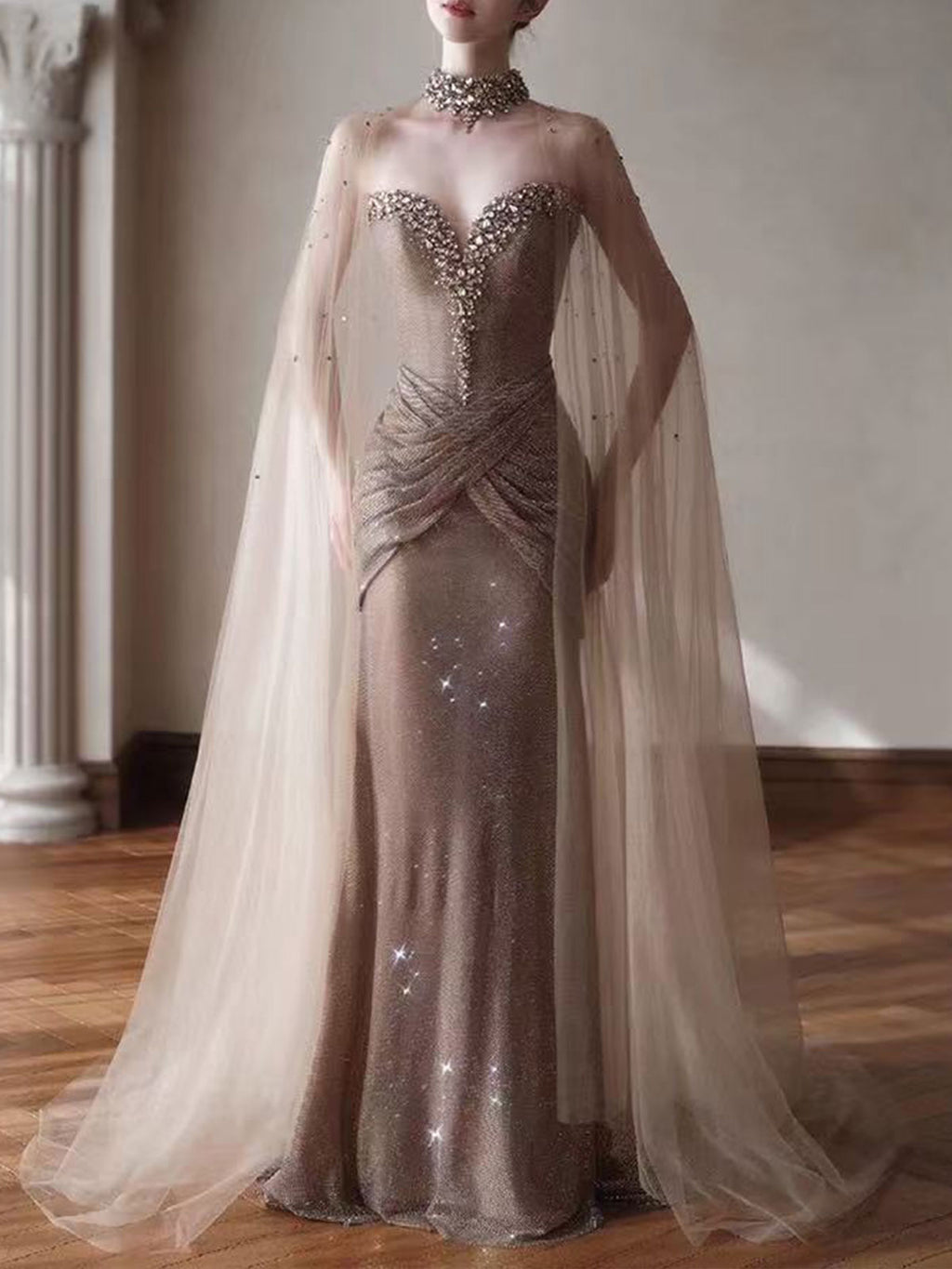 Champagne Gold Beaded Sheer Cape Mermaid Evening Gown