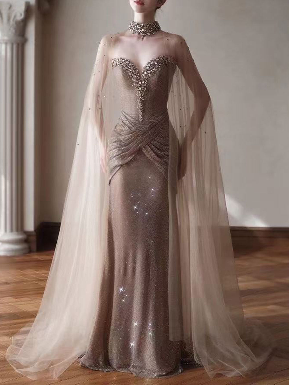 Champagne Gold Beaded Sheer Cape Mermaid Evening Gown