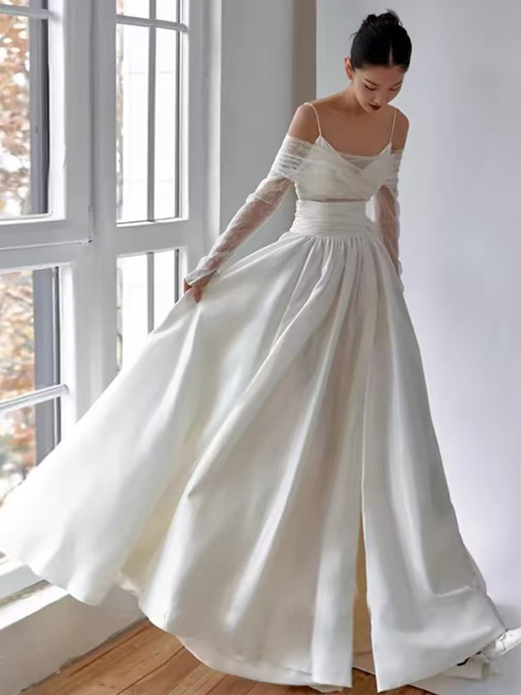 Spaghetti Strap Off Shoulder Mesh Satin A-Line Wedding Gown