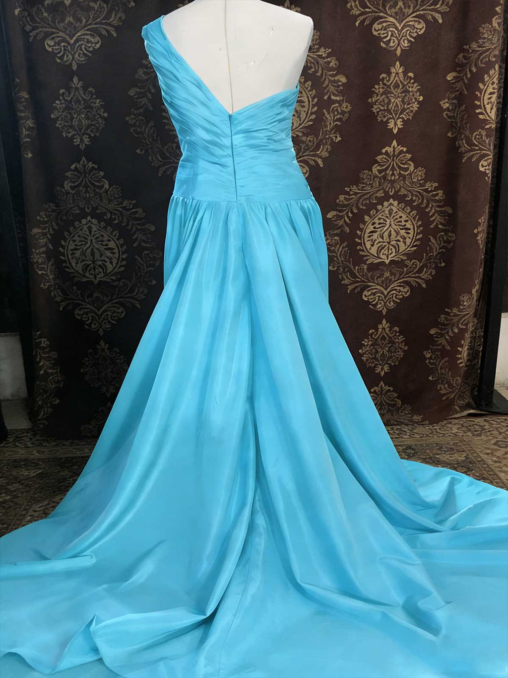Turquoise One-Shoulder Satin Mermaid Gown with Beaded Hem for Prom