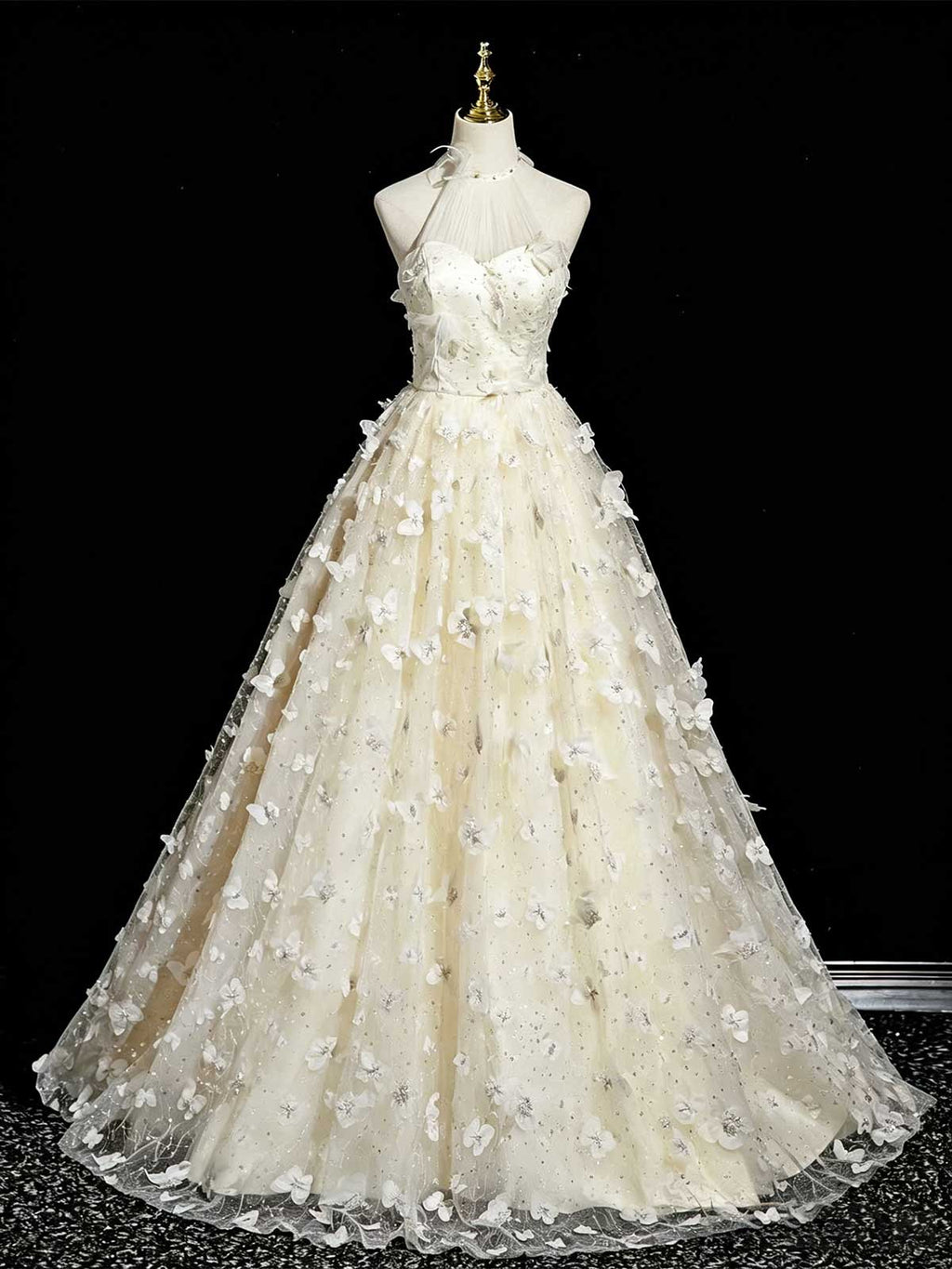 Ivory 3D Butterfly Floral Applique Halter A-Line Wedding Dress