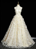 Ivory 3D Butterfly Floral Applique Halter A-Line Wedding Dress