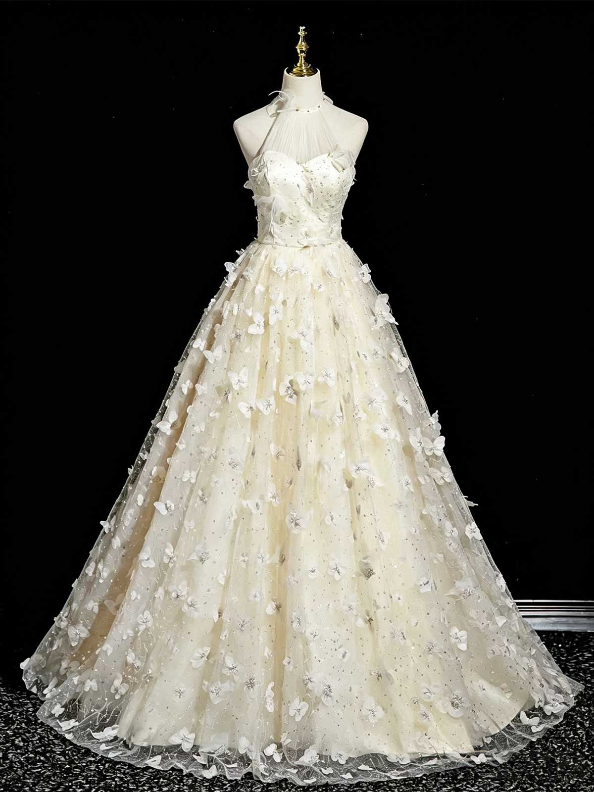 Ivory 3D Butterfly Floral Applique Halter A-Line Wedding Dress