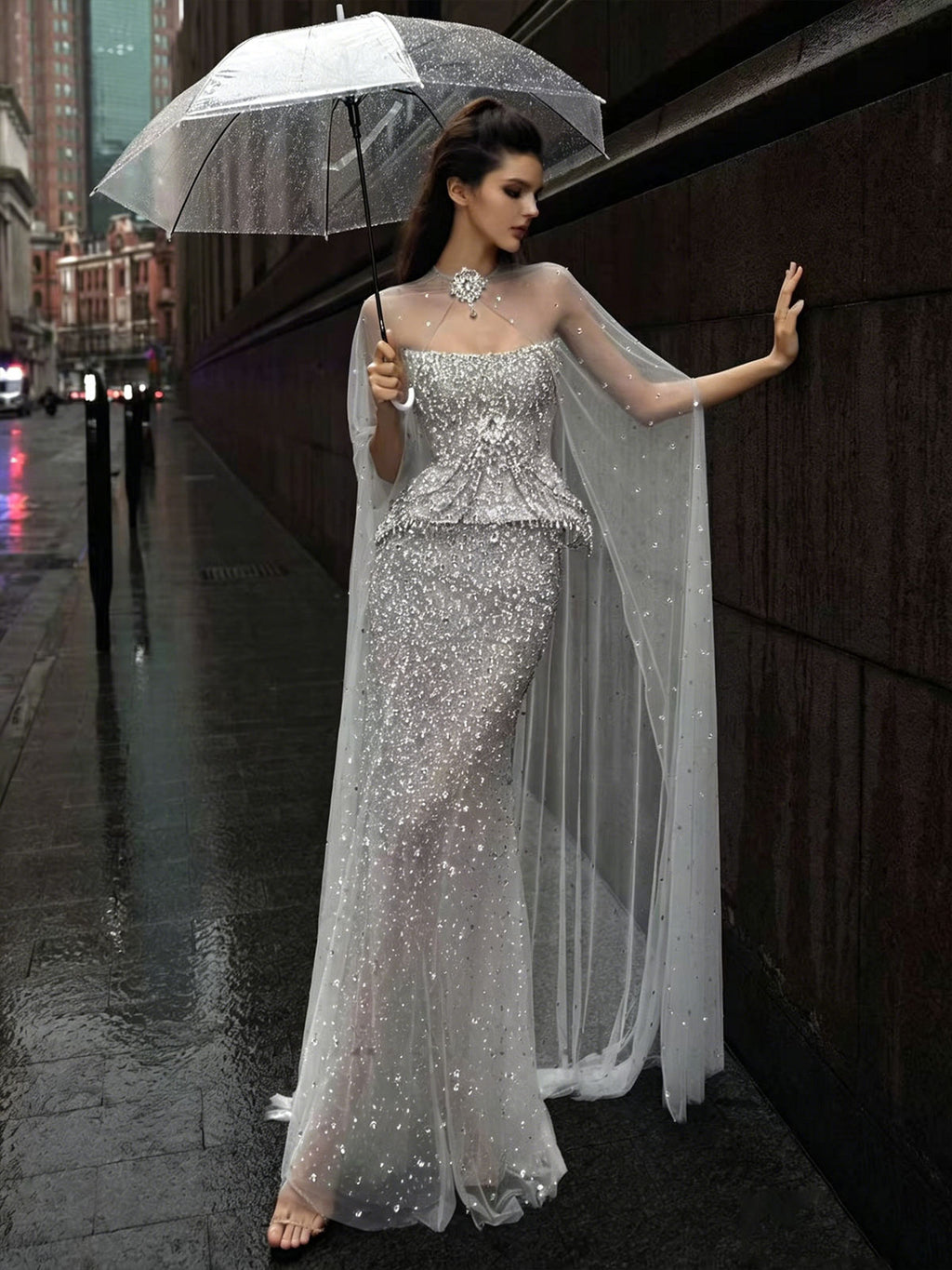 Silver Sequin Peplum Cape Tulle Mermaid Formal Evening Gown