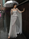 Silver Sequin Peplum Cape Tulle Mermaid Formal Evening Gown
