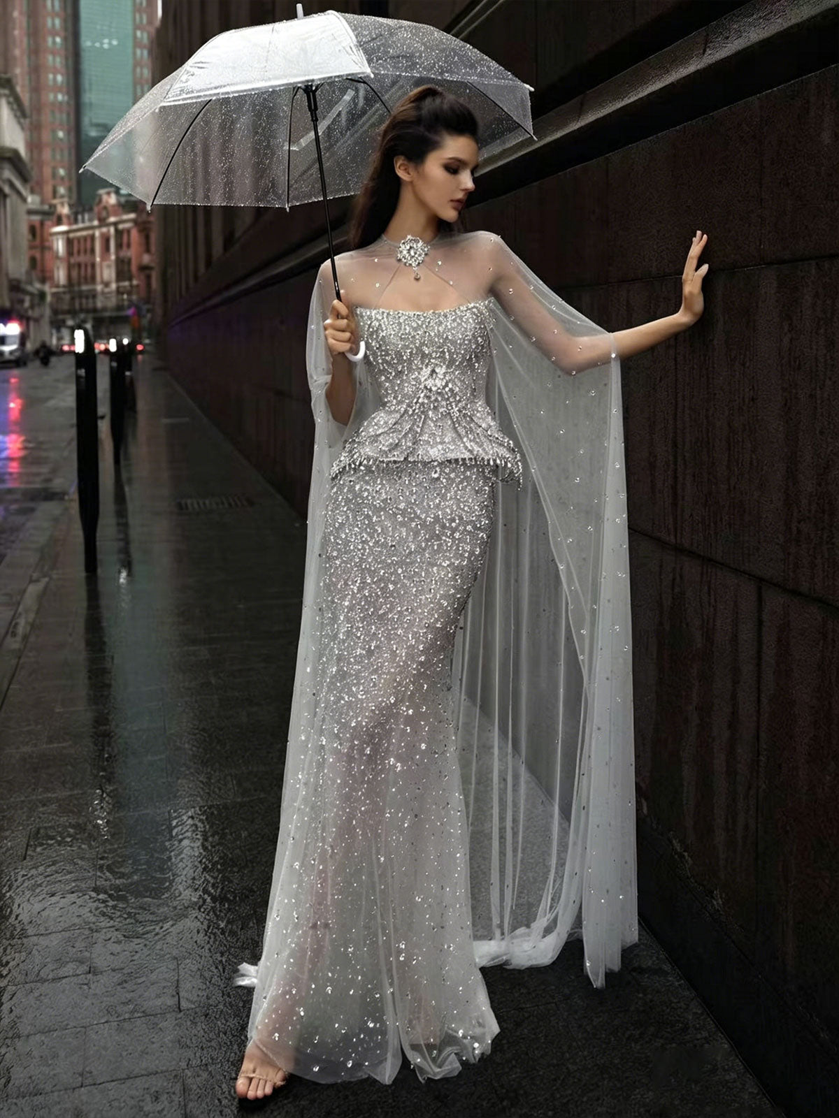 Silver Sequin Peplum Cape Tulle Mermaid Formal Evening Gown