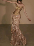 Champagne Gold Strapless Satin Sequin Mermaid Evening Gown
