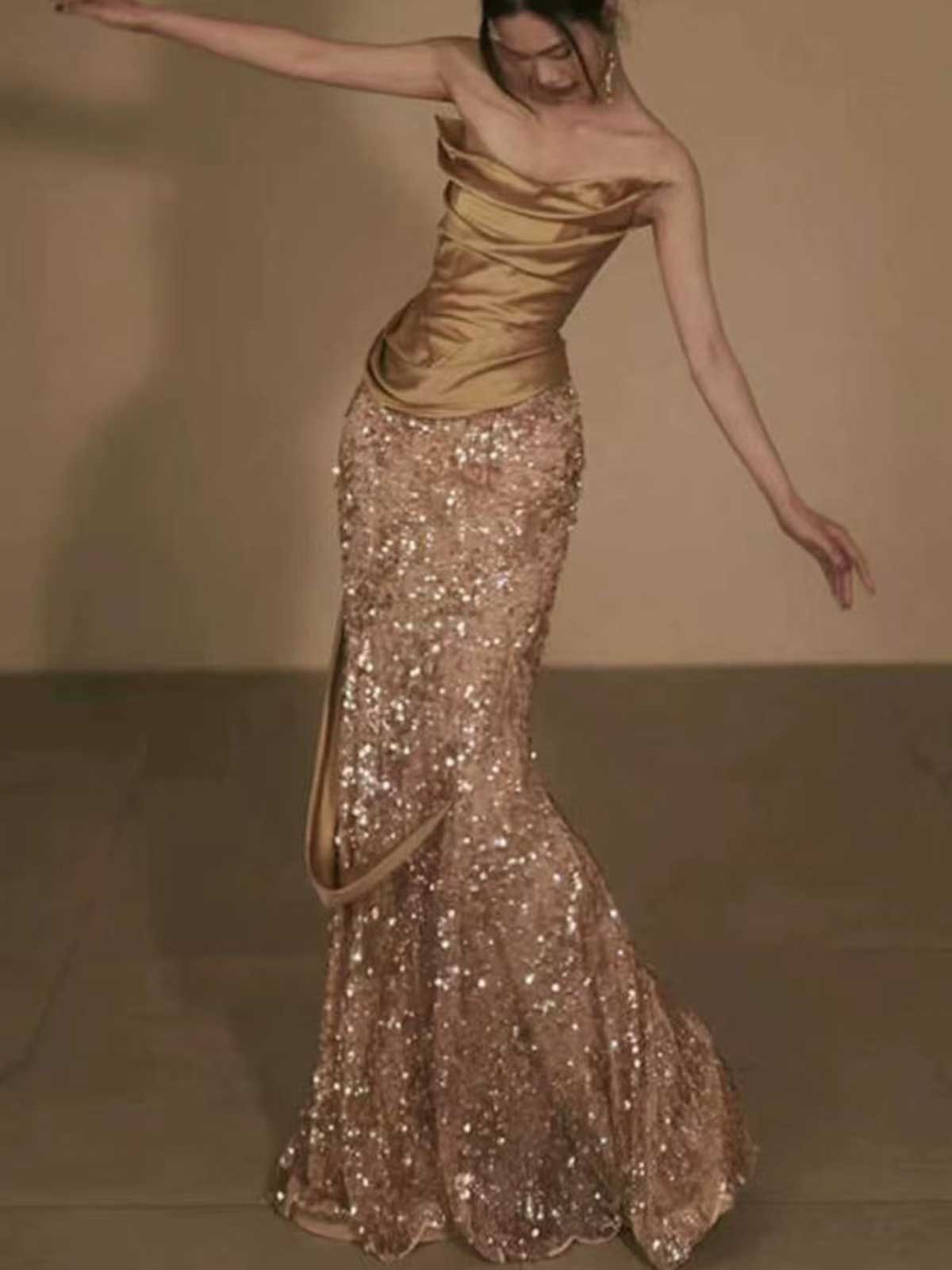 Champagne Gold Strapless Satin Sequin Mermaid Evening Gown