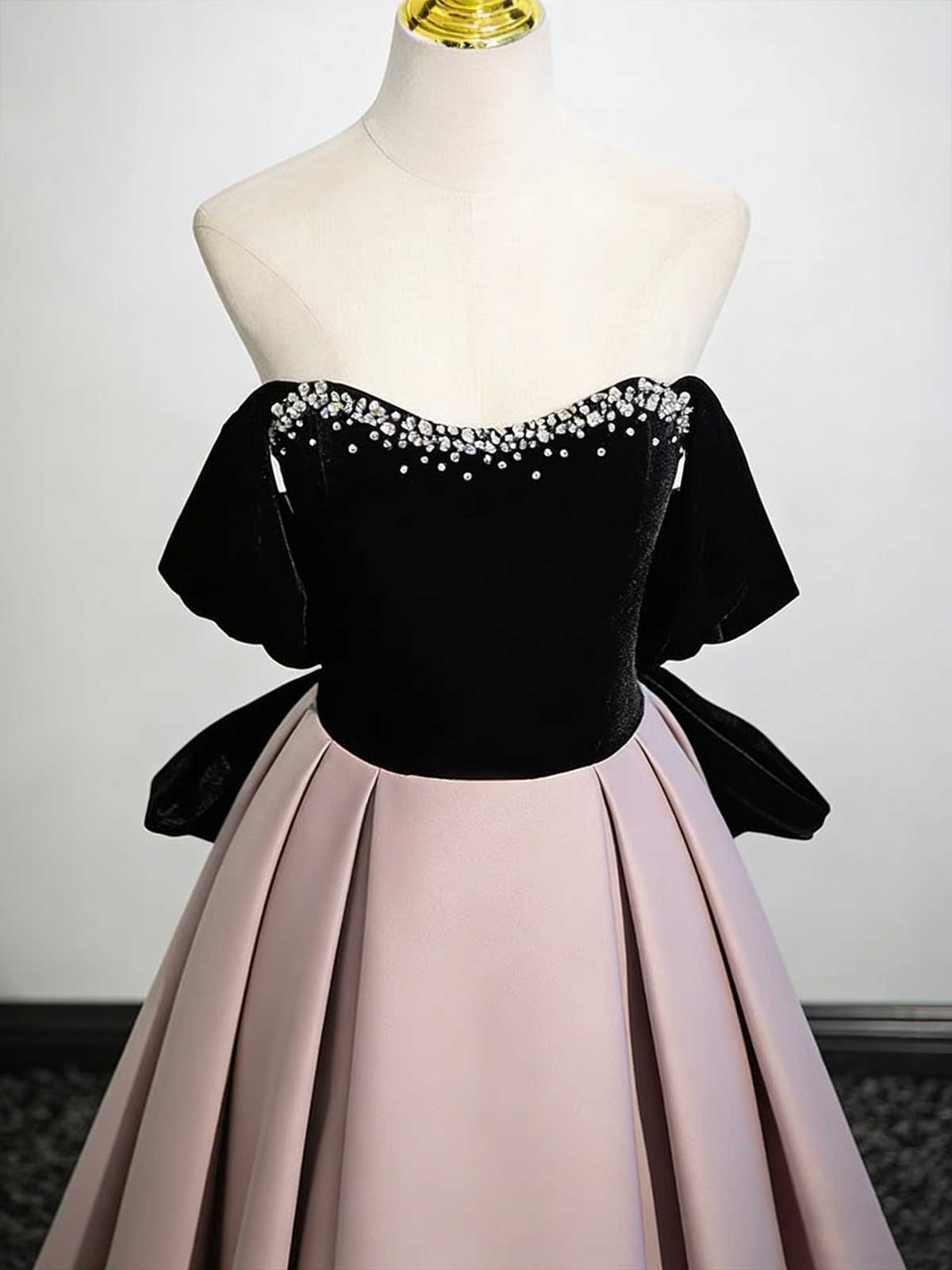 Black Velvet & Blush Off-Shoulder Ball Gown with Beading