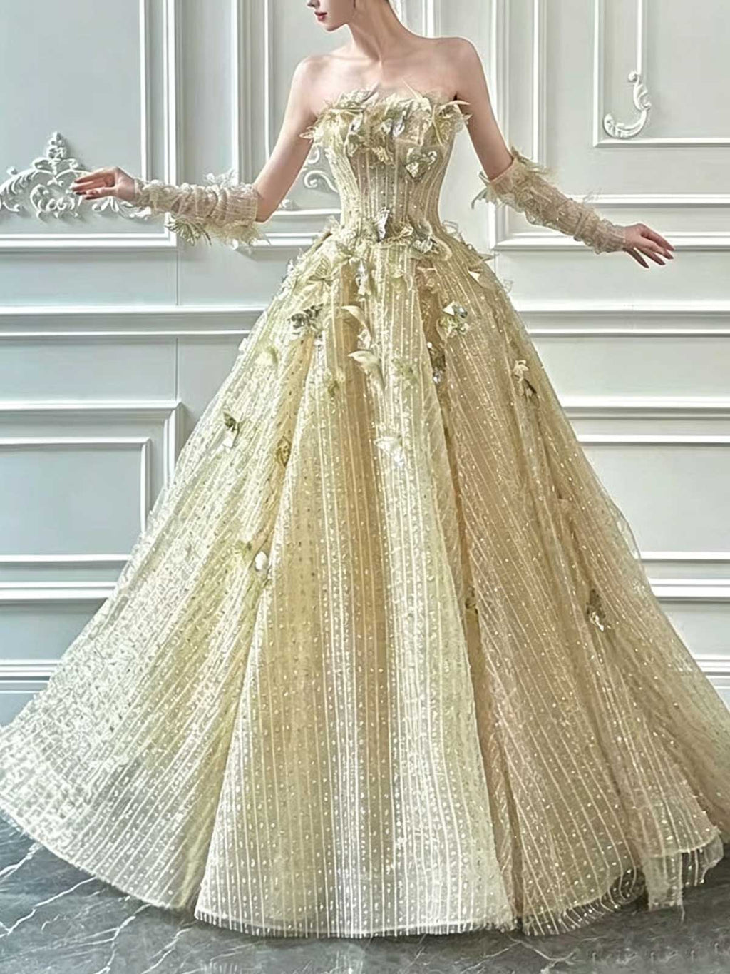 Champagne Gold Butterfly Beaded Strapless A-Line Evening Gown with Gloves