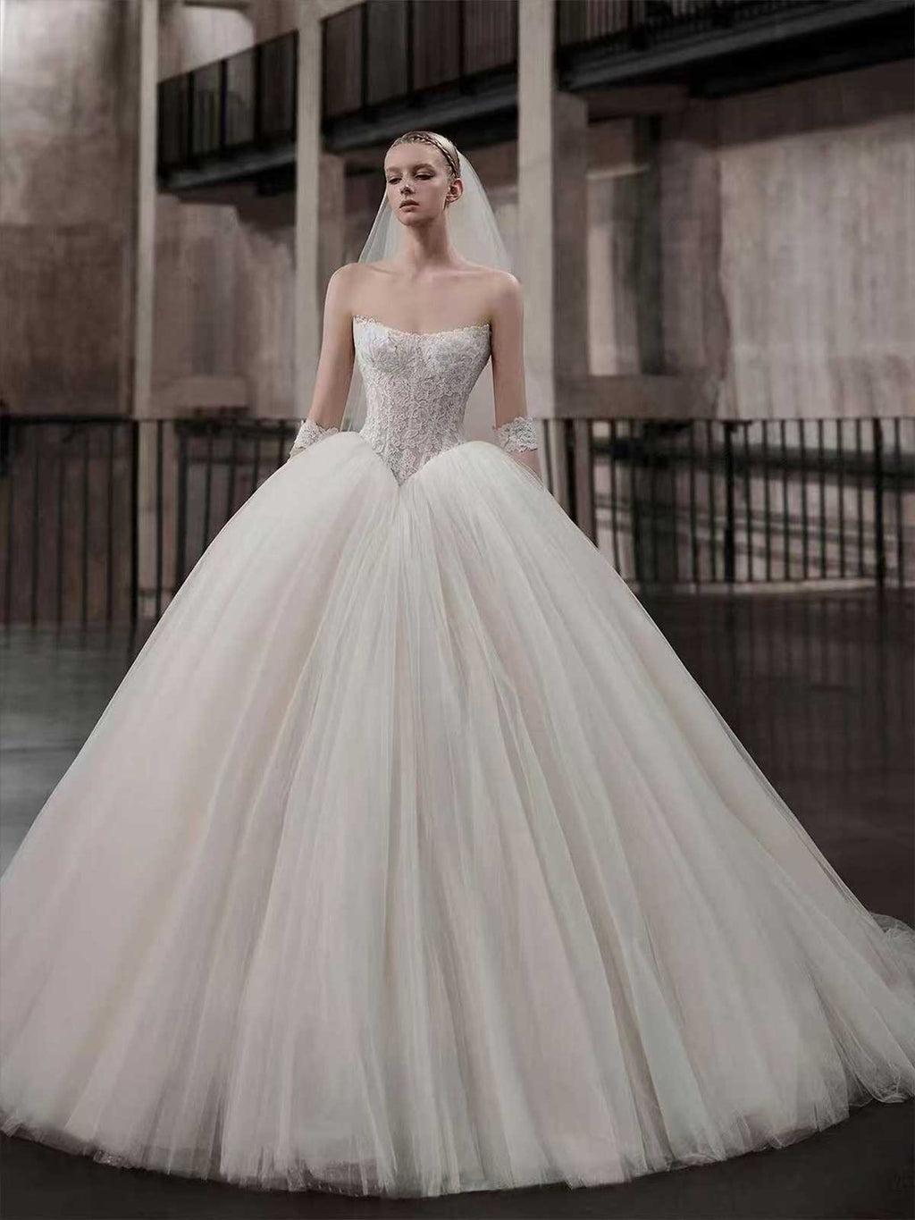 Strapless Lace Corset Ball Gown Wedding Dress with Voluminous Tulle Skirt