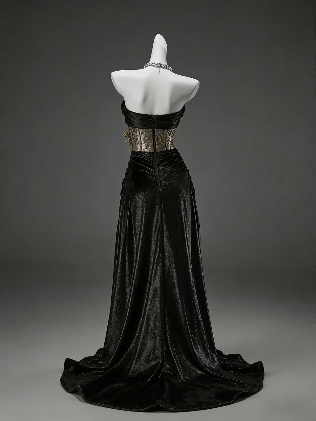 Black Gold Colorblock Velvet Strapless Mermaid Evening Gown