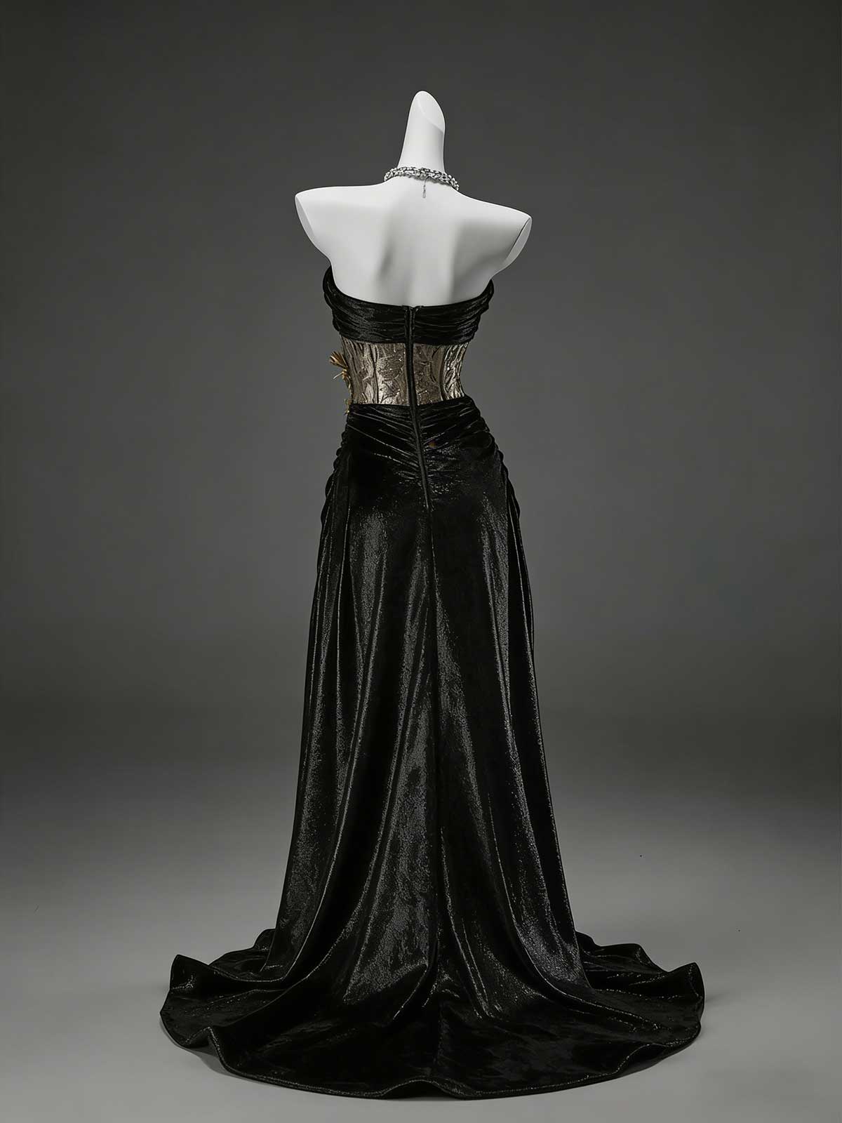 Black Gold Colorblock Velvet Strapless Mermaid Evening Gown