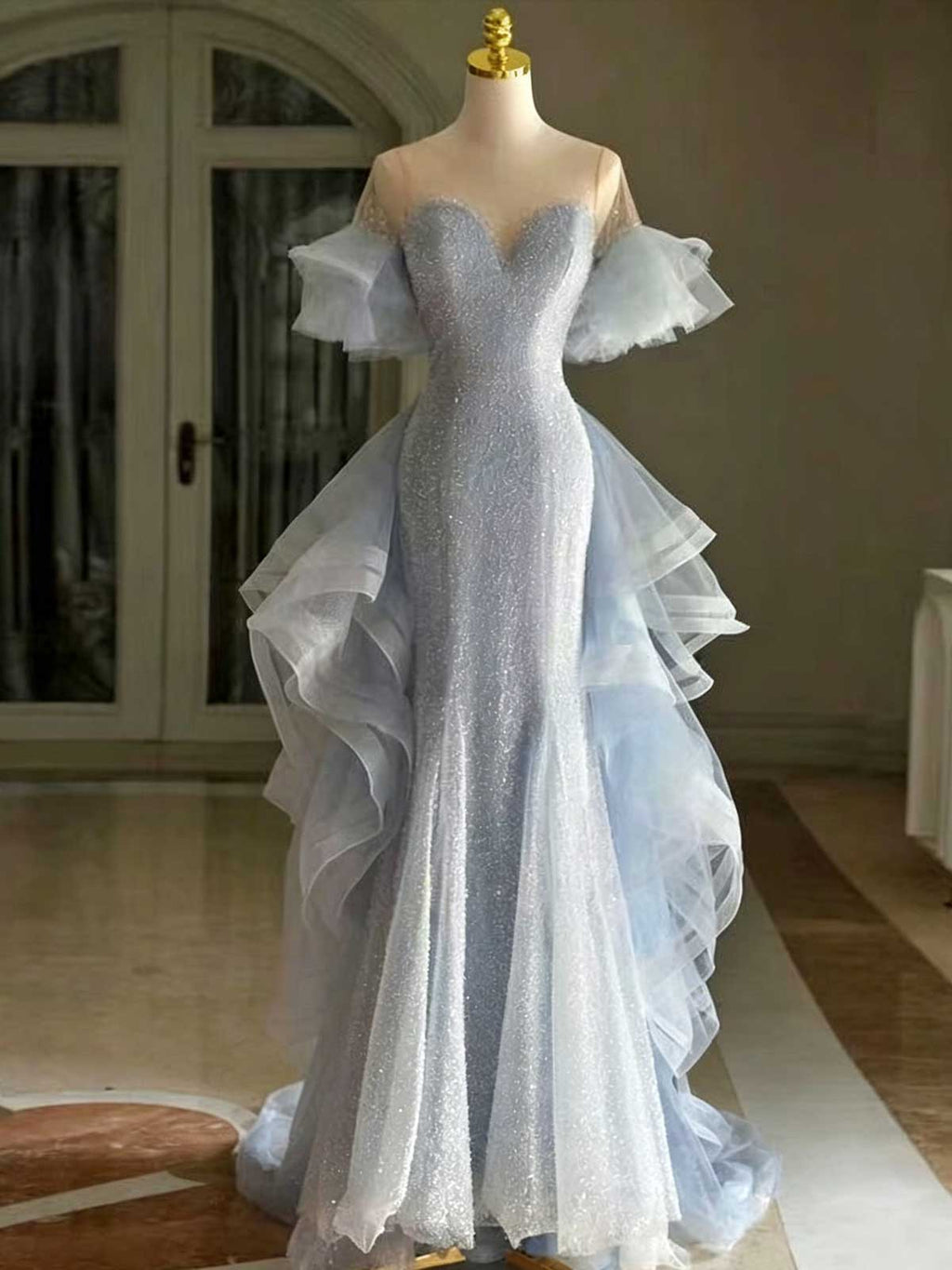  Ice Blue Sequin Mermaid Evening Gown