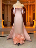 Blush Pink Off-the-Shoulder Rose-Appliquéd Satin Evening Gown