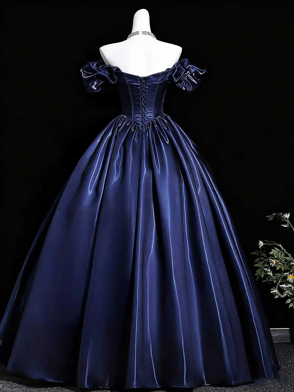 Navy Blue Off-the-Shoulder Satin Ball Gown with Corset Bodice