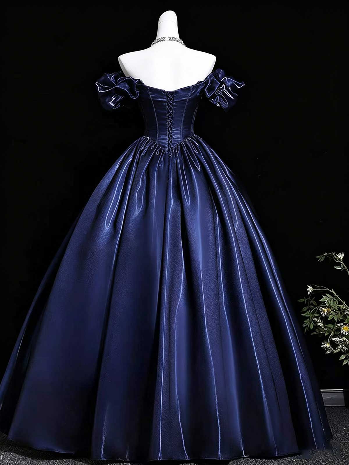 Navy Blue Off-the-Shoulder Satin Ball Gown with Corset Bodice