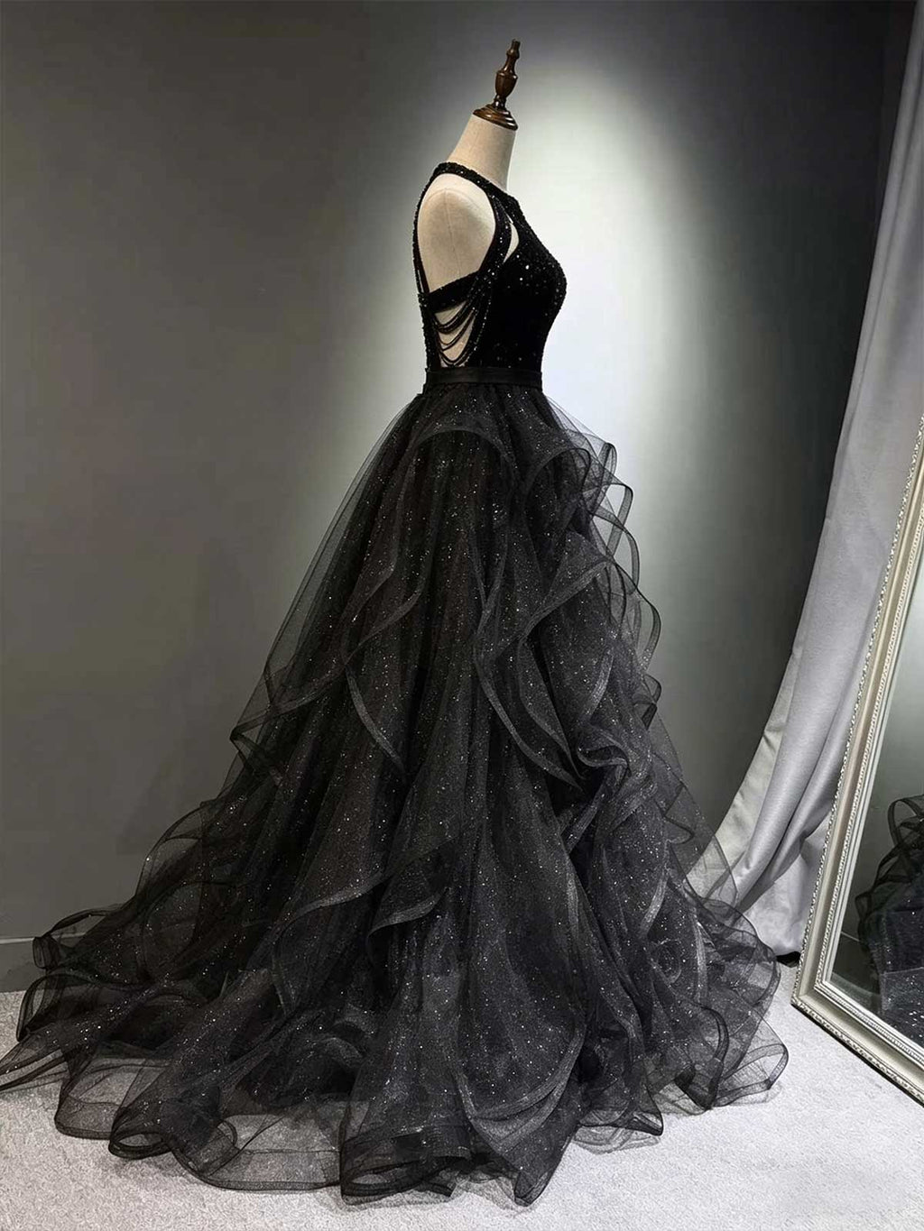 Black Halter Sequin Evening Gown with Tiered Ruffled Tulle Skirt