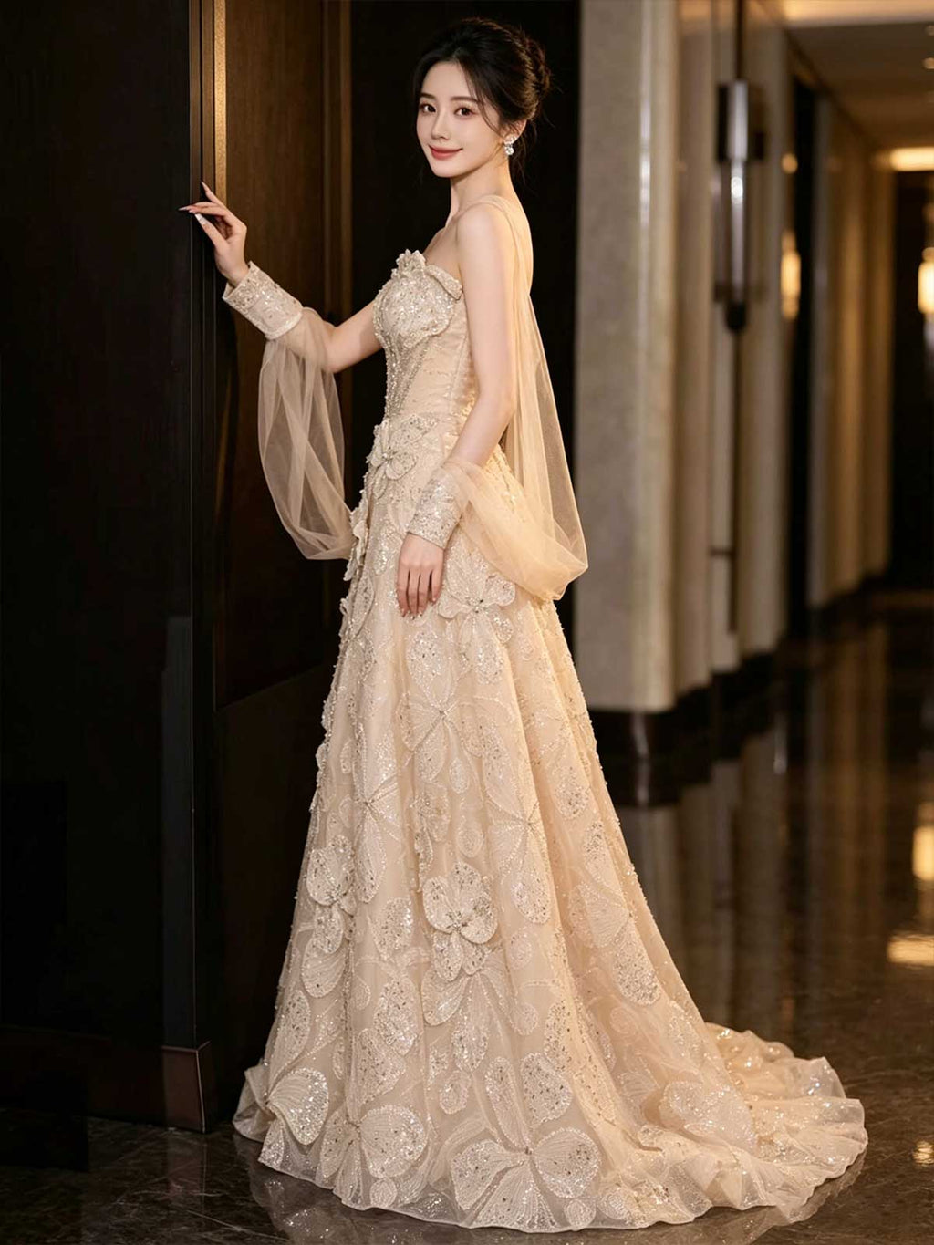 Champagne Gold 3D Floral Beaded Strapless A-Line Evening Gown with Sleeves