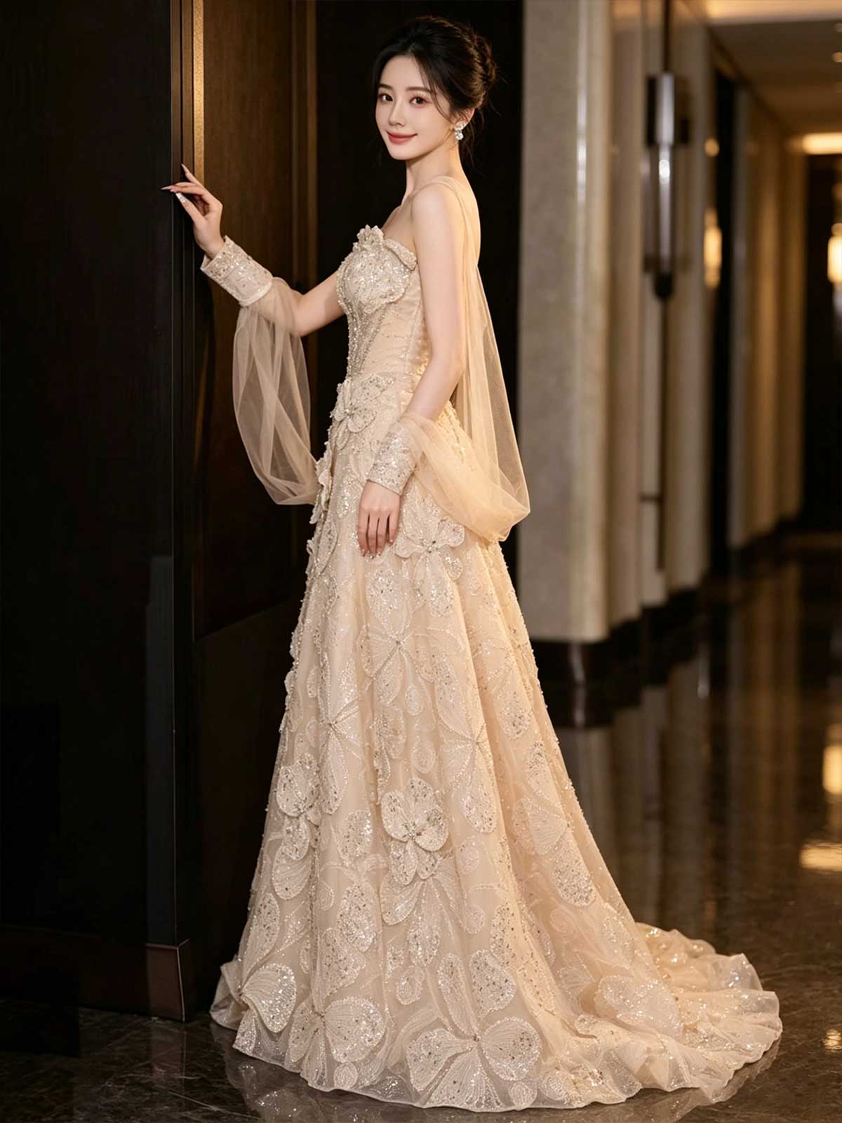 Champagne Gold 3D Floral Beaded Strapless A-Line Evening Gown with Sleeves