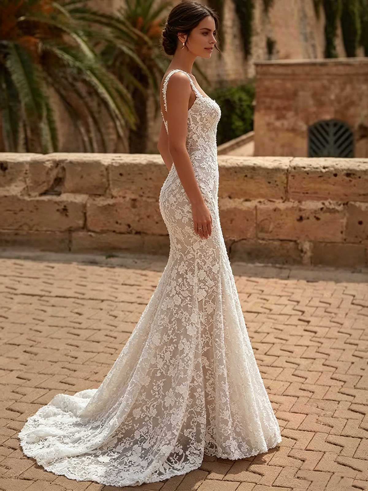 Ivory Lace Square Neck Spaghetti Strap Mermaid Wedding Dress