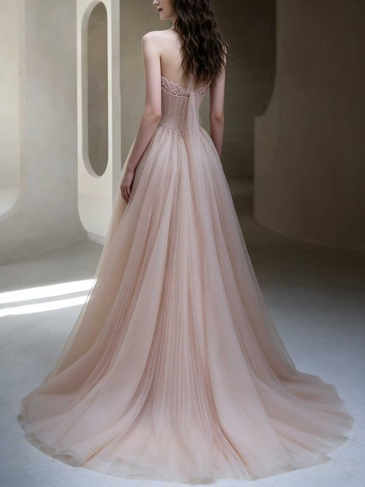 Elegant Blush Pink Tulle Corset Evening Gown with Pleated Skirt